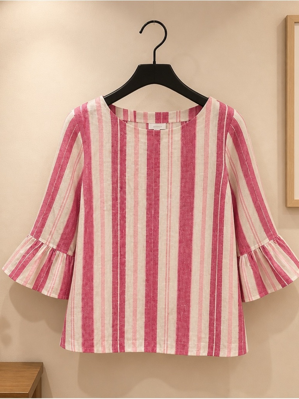 Charter Club Linen Women’s Pink & White Striped Ruffle Sleeve Top